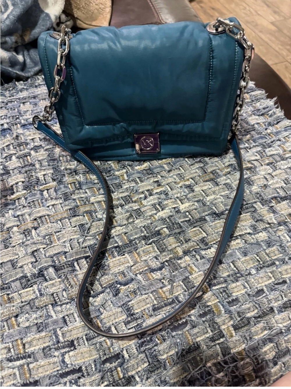 Michael Kors Teal Quilted Crossbody with Silver Chain